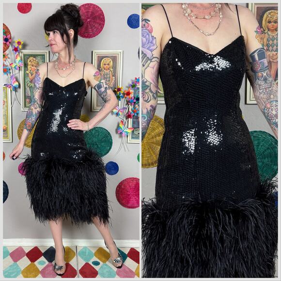 Vintage Dresses & Skirts - Vintage 1970s Black Sequins and Ostrich Feather Cocktail Dress